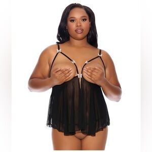 🦋B2G1🦋BARELY BARE Cupless Baby Doll Open Thong Panty Butterfly Accent O/S QUEEN